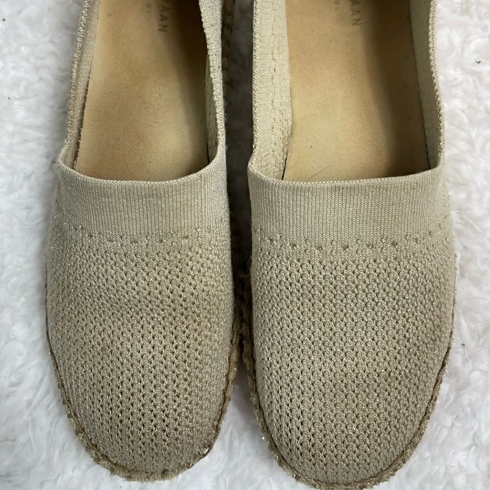 Cole Haan knitted Khaki lite Espadrille Loafer strings of gold threads size 10B